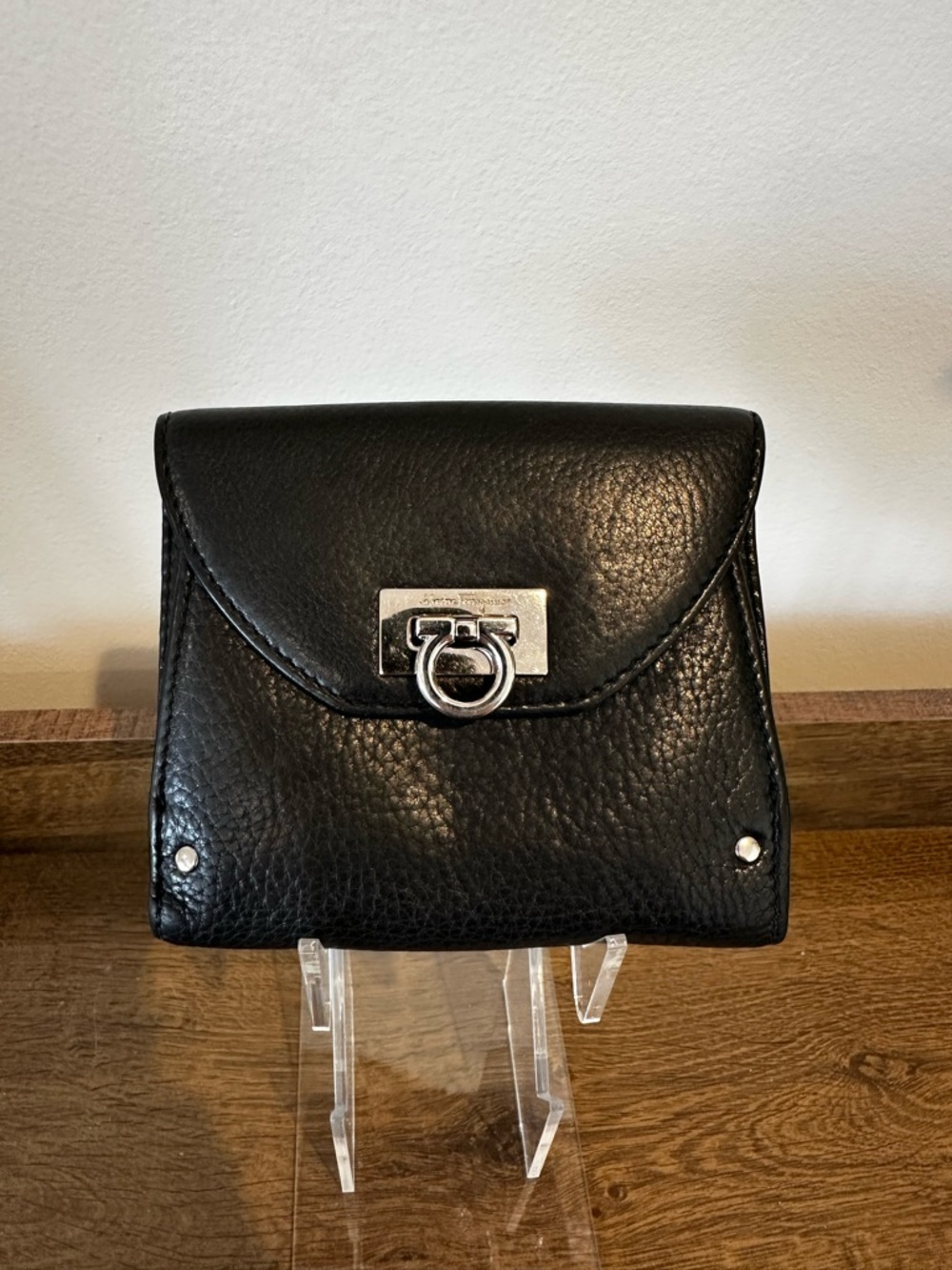 Salvatore Ferragamo Black Grained Leather Gancini Trifolfd Wallet